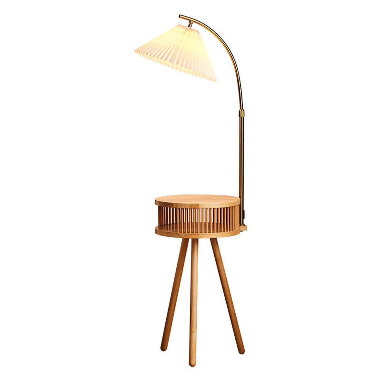 Bedside Cone Wooden Tripod Floor Lamp with Storage Image - 5