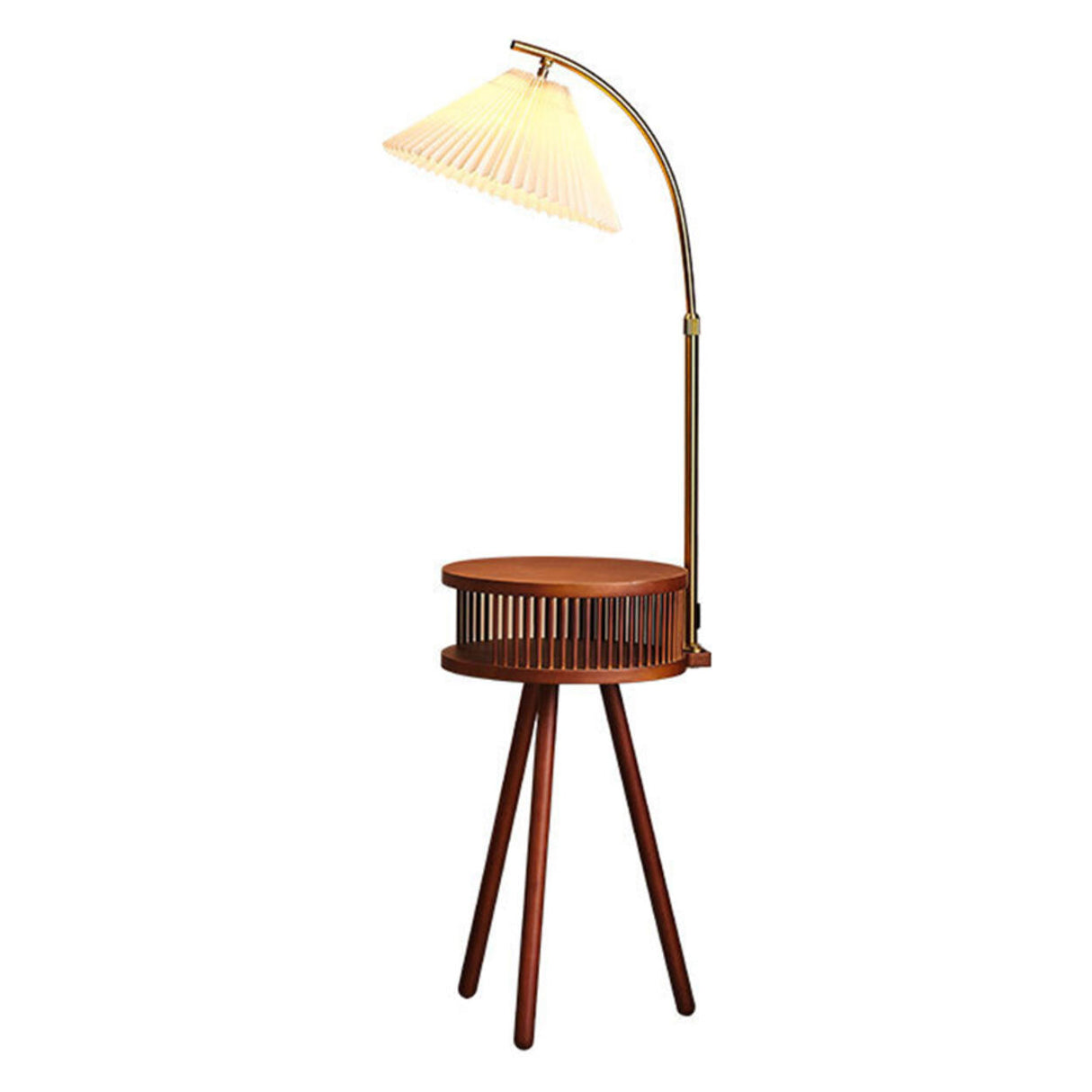 Bedside Cone Wooden Tripod Floor Lamp with Storage Image - 6