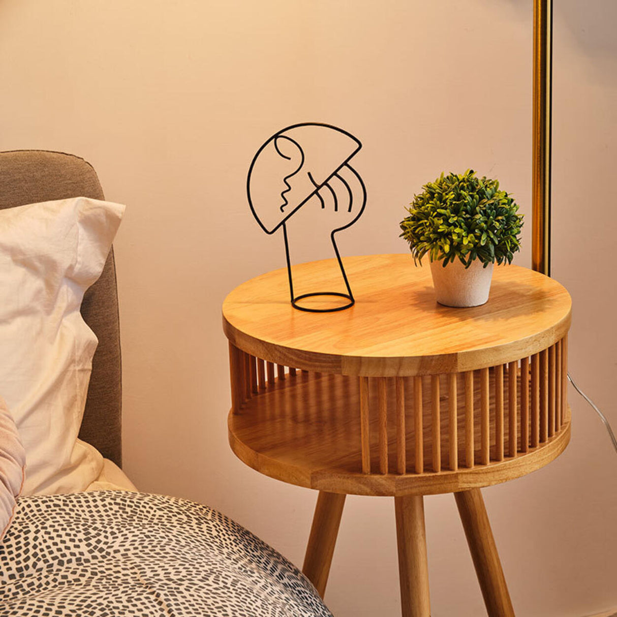 Bedside Cone Wooden Tripod Floor Lamp with Storage Image - 9