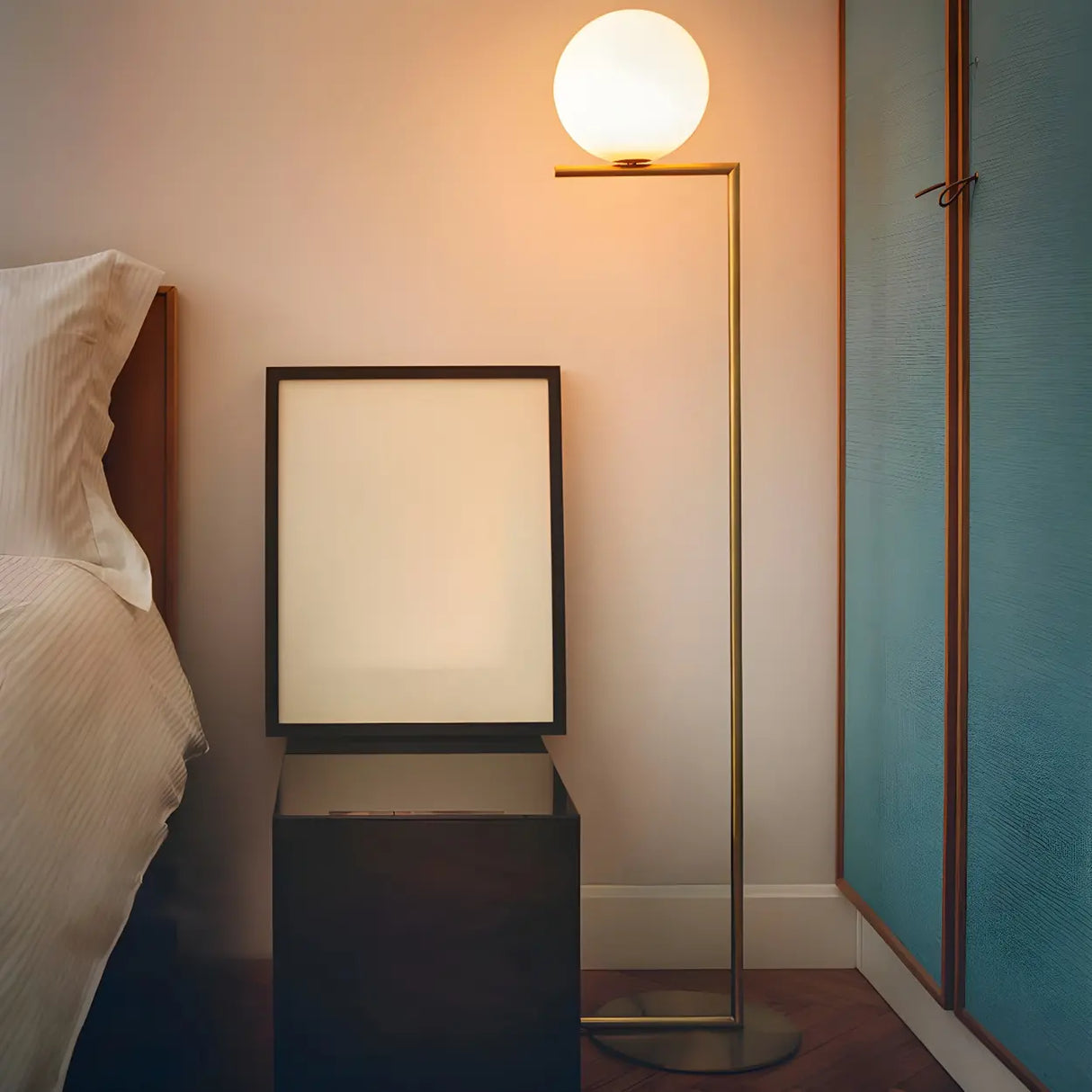 Bedside Minimalist Globe Glass Shade Brass Floor Lamp Image - 1