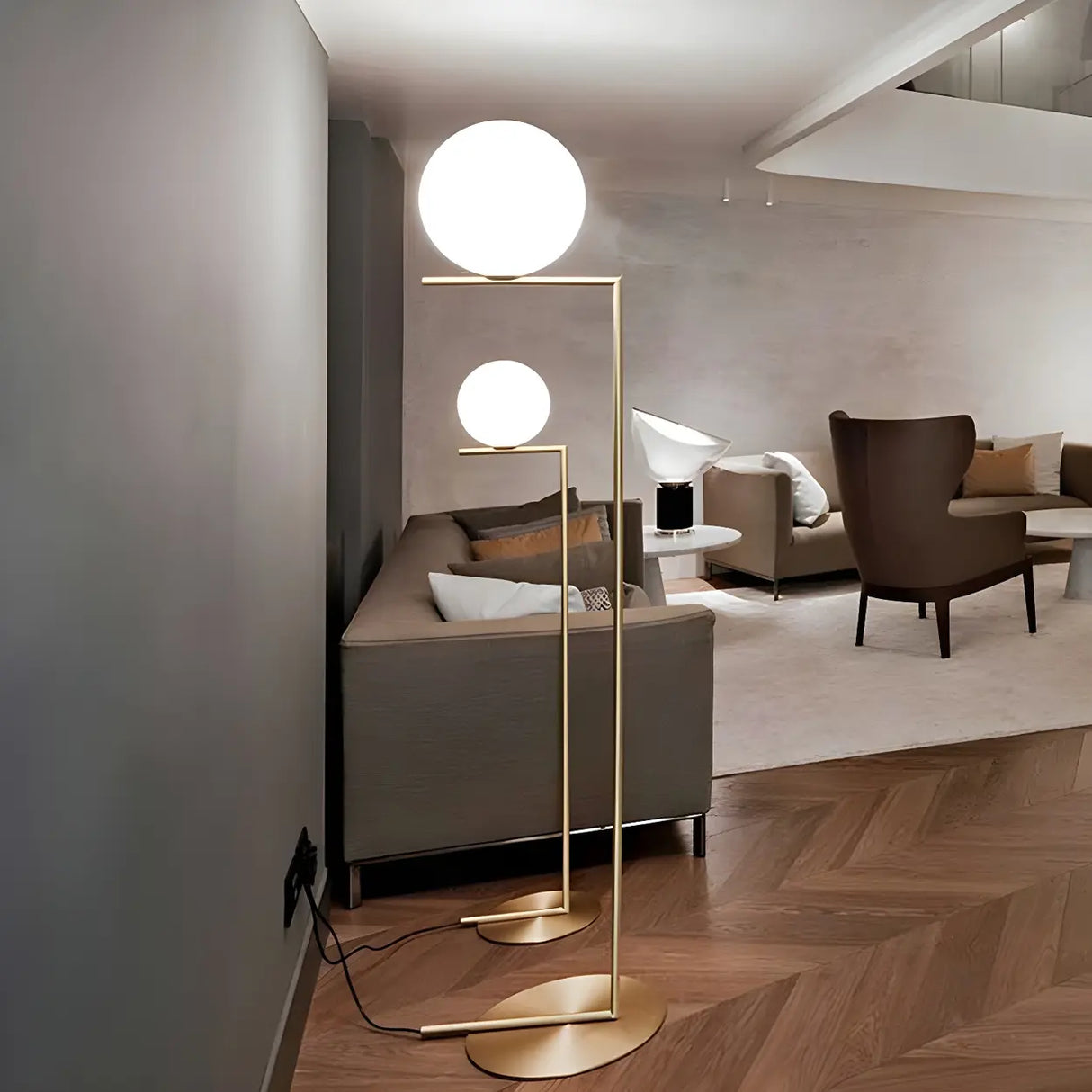 Bedside Minimalist Globe Glass Shade Brass Floor Lamp Image - 11