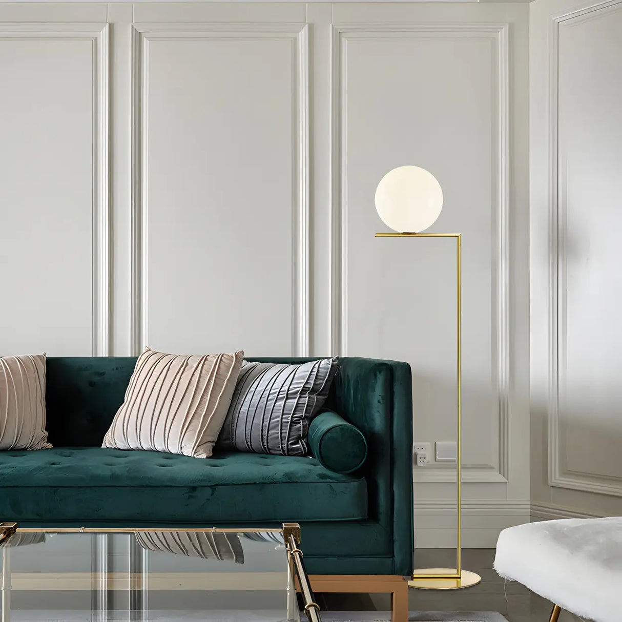 Bedside Minimalist Globe Glass Shade Brass Floor Lamp Image - 3