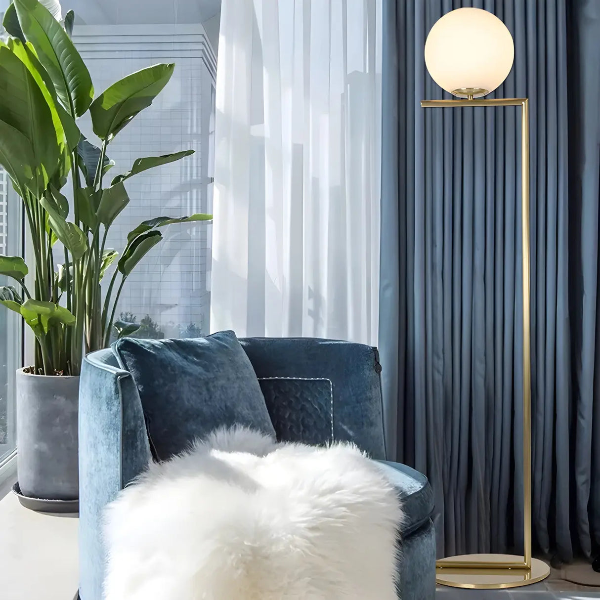 Bedside Minimalist Globe Glass Shade Brass Floor Lamp Image - 4