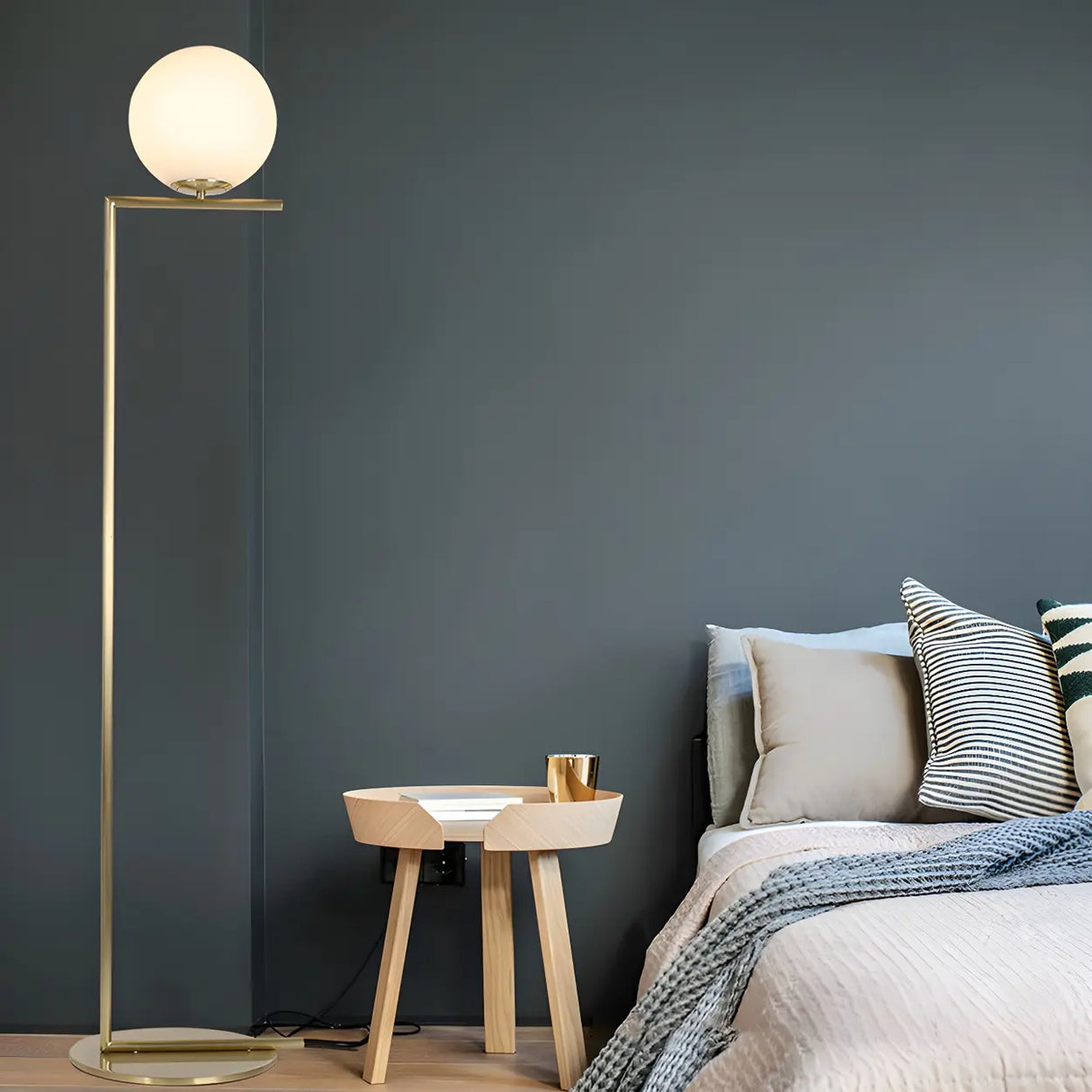 Bedside Minimalist Globe Glass Shade Brass Floor Lamp Image - 5