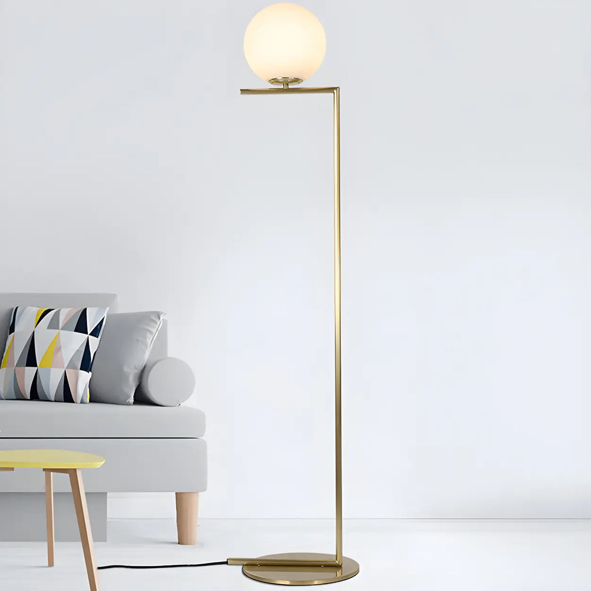 Bedside Minimalist Globe Glass Shade Brass Floor Lamp Image - 7