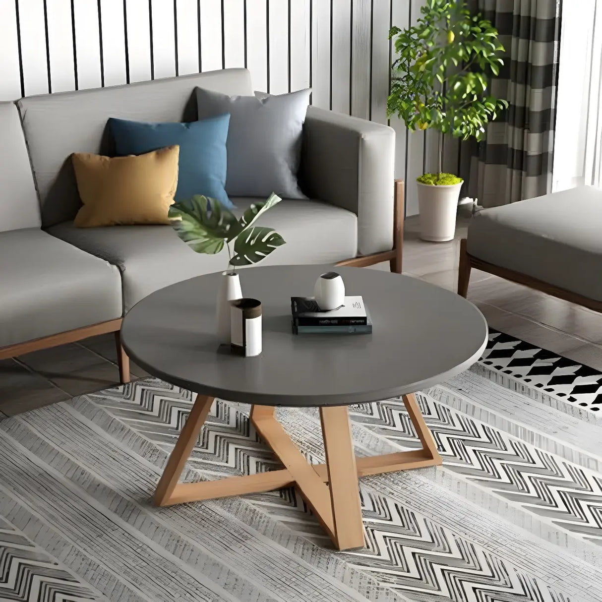 Beech Wood Round Coffee Table with Natural Cross Legs Image - 2