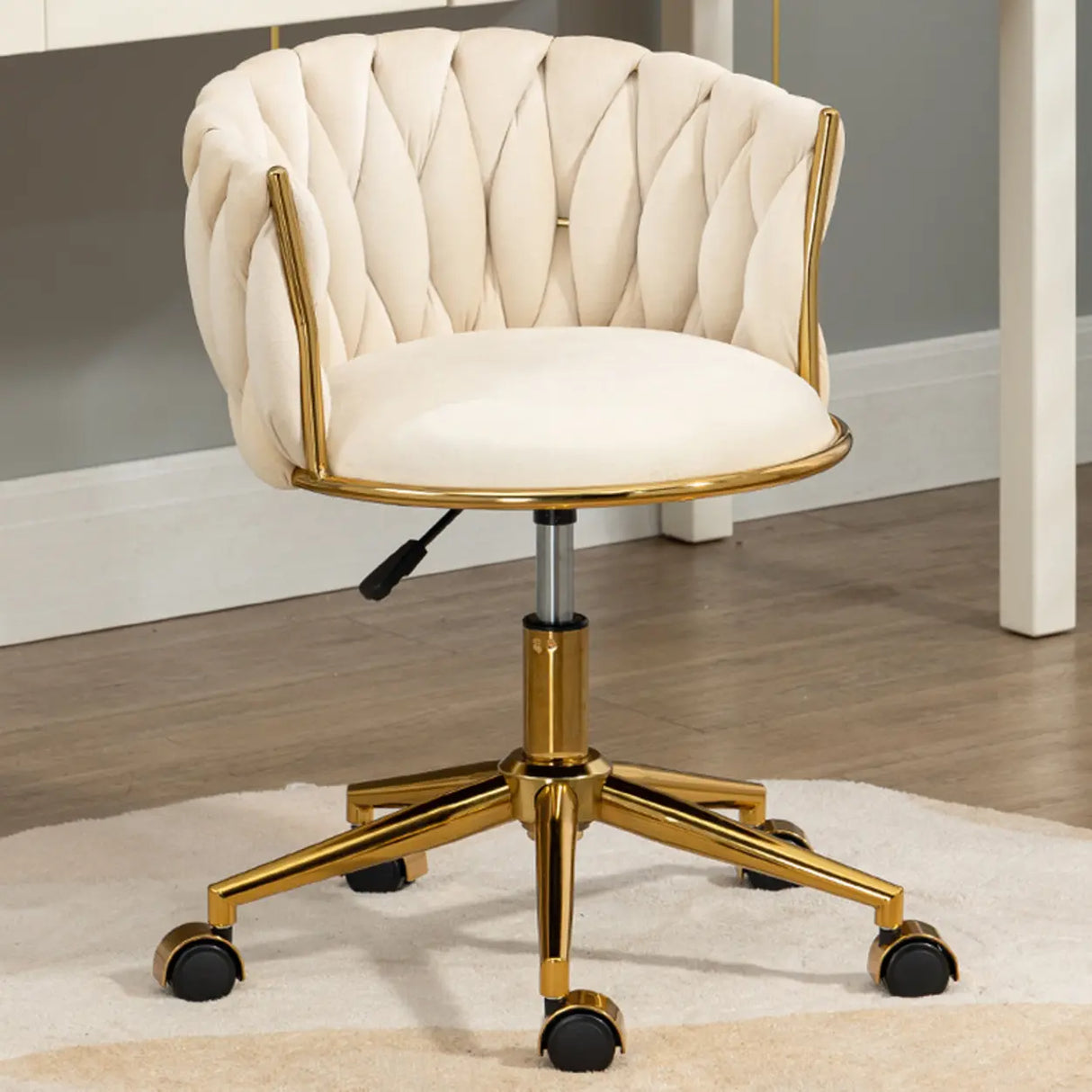 Beige Adjustable Seat Height Velvet Swivel Office Chair Image - 1