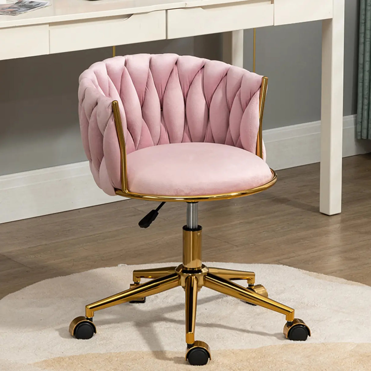 Beige Adjustable Seat Height Velvet Swivel Office Chair Image - 2