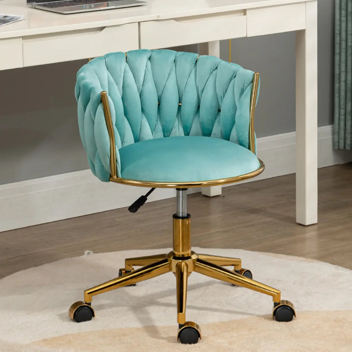 Beige Adjustable Seat Height Velvet Swivel Office Chair Image - 3