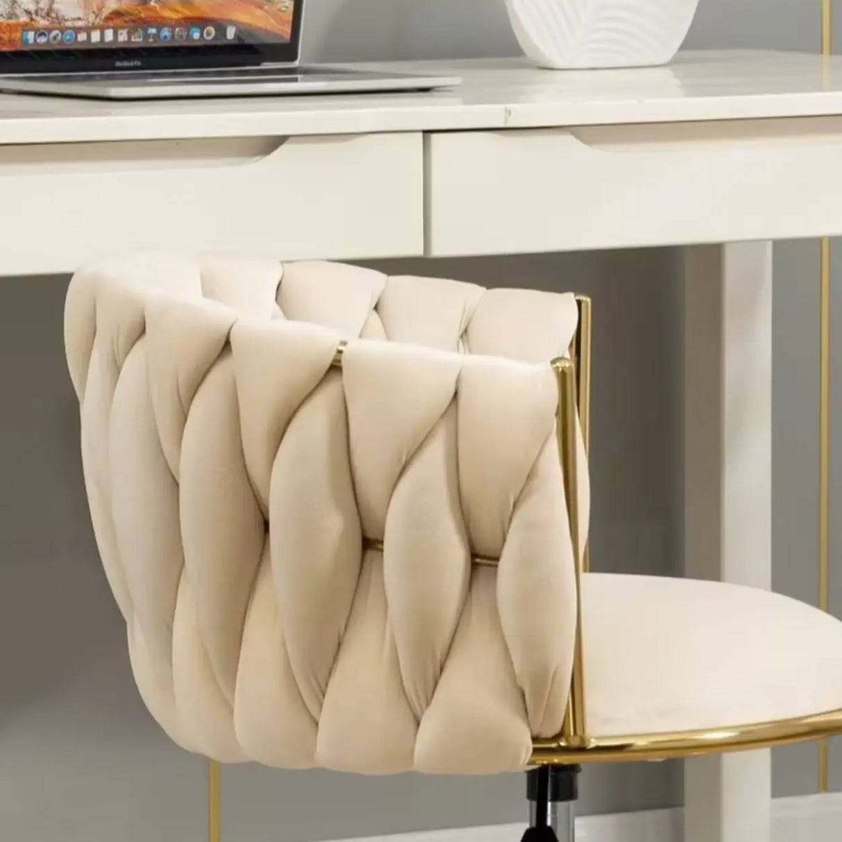 Beige Adjustable Seat Height Velvet Swivel Office Chair Image - 4