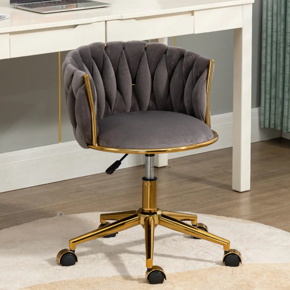 Beige Adjustable Seat Height Velvet Swivel Office Chair Image - 5