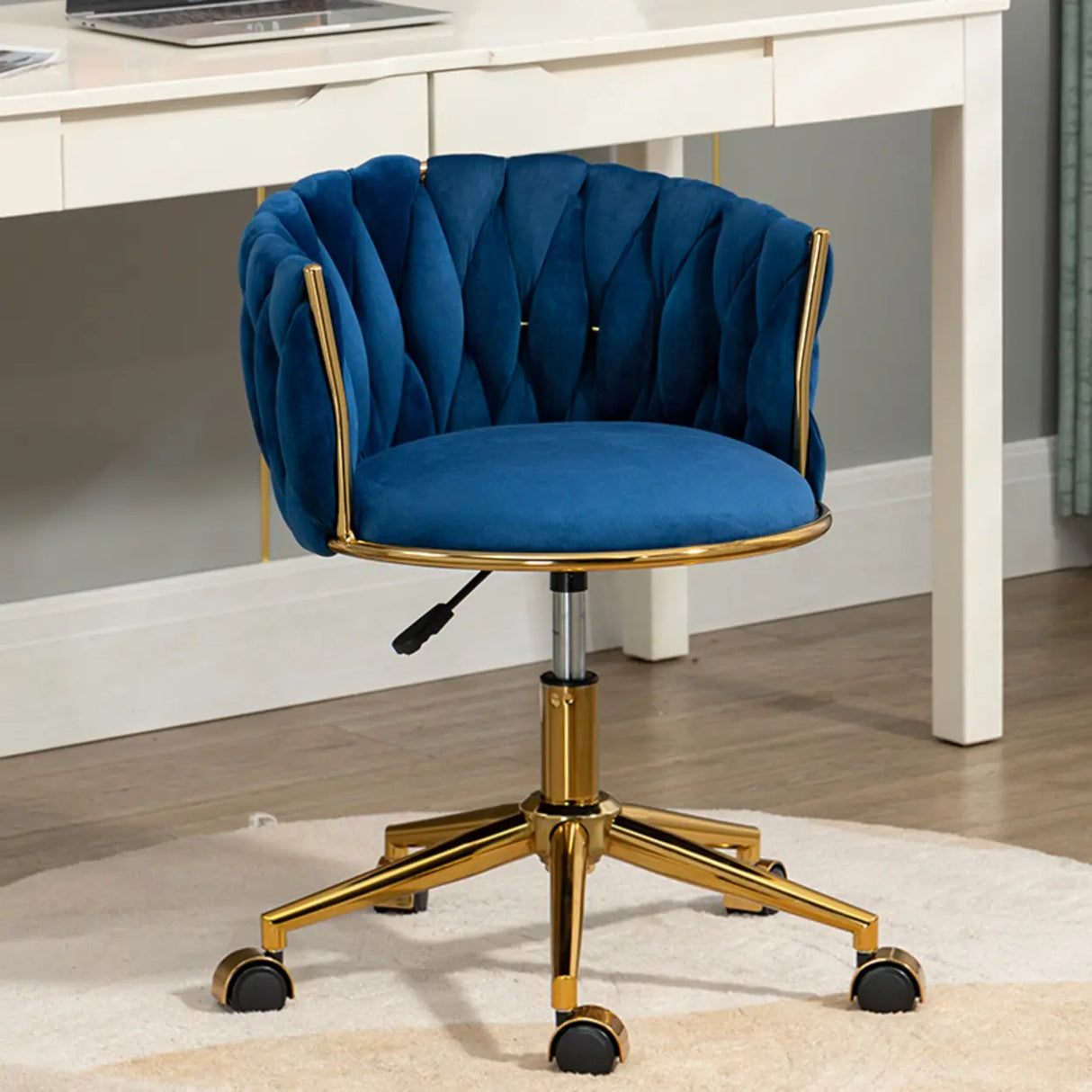 Beige Adjustable Seat Height Velvet Swivel Office Chair Image - 7