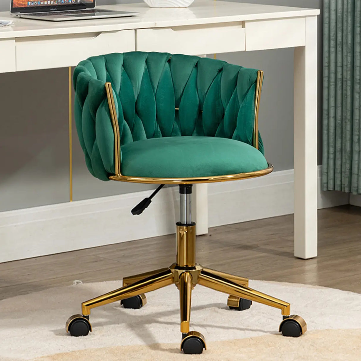 Beige Adjustable Seat Height Velvet Swivel Office Chair Image - 9