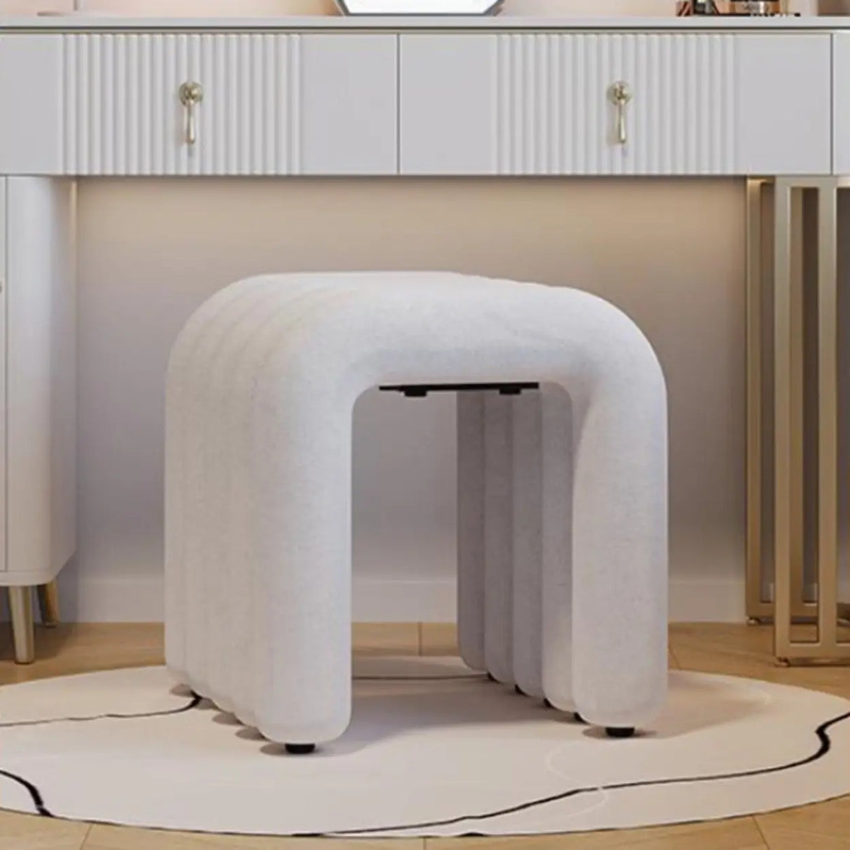 Beige Arch Sled Base Fabric Solid Color Vanity Stool Image - 3
