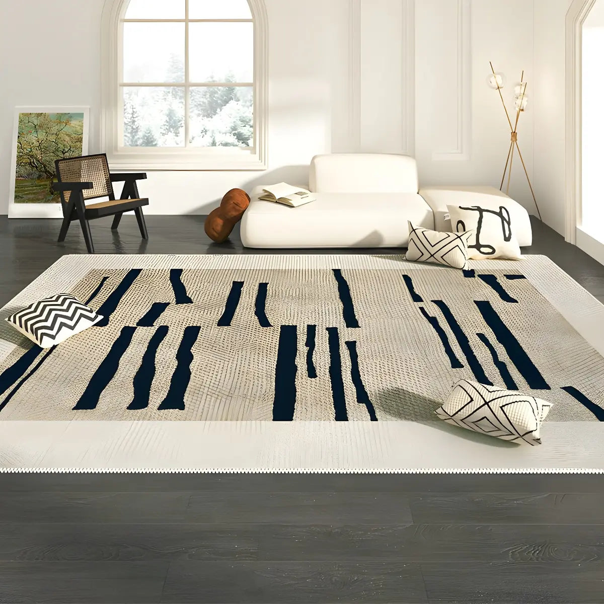 Beige-Black Contemporary Abstract Flannel Area Rug Image - 1