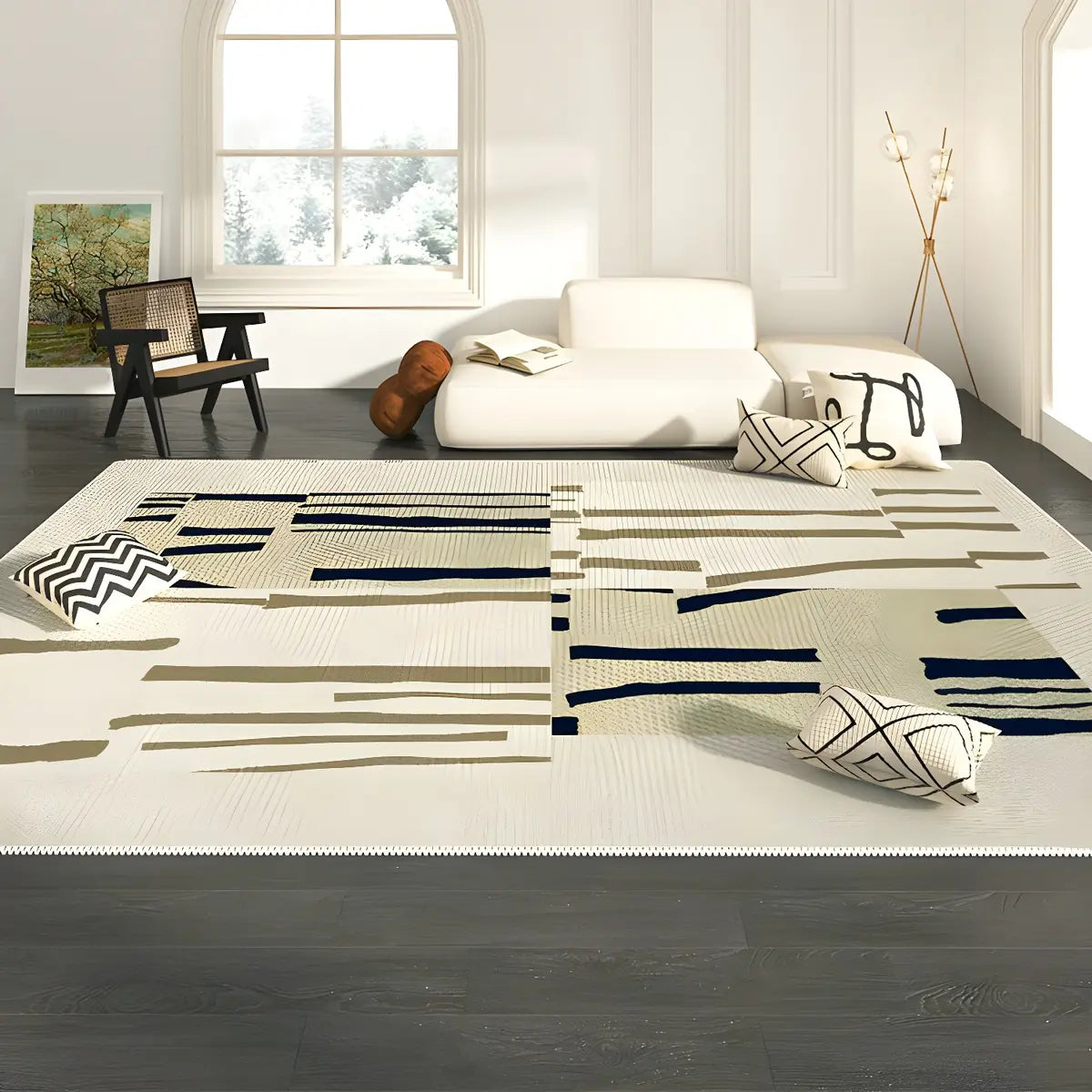 Beige-Black Contemporary Abstract Flannel Area Rug Image - 11