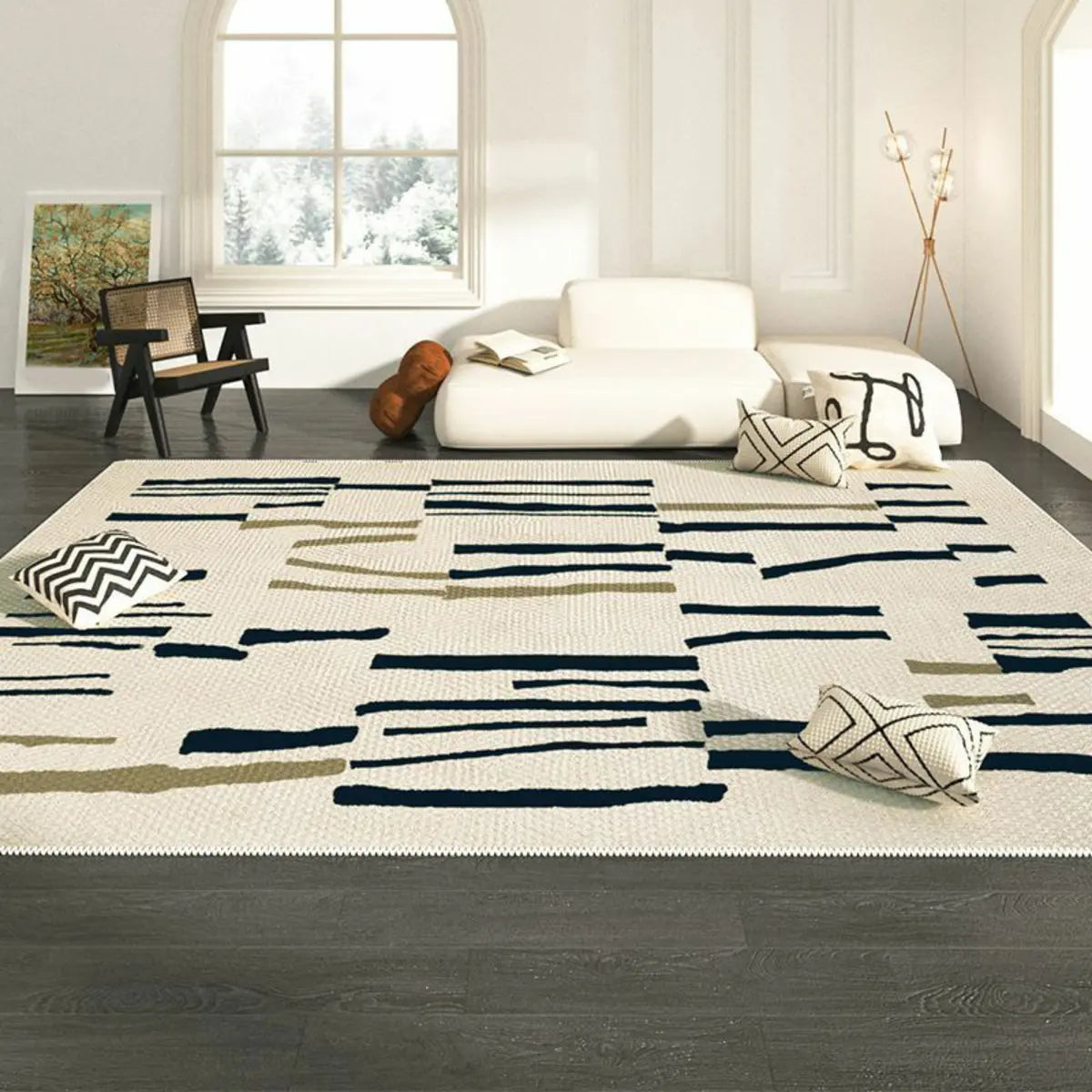 Beige-Black Contemporary Abstract Flannel Area Rug Image - 3