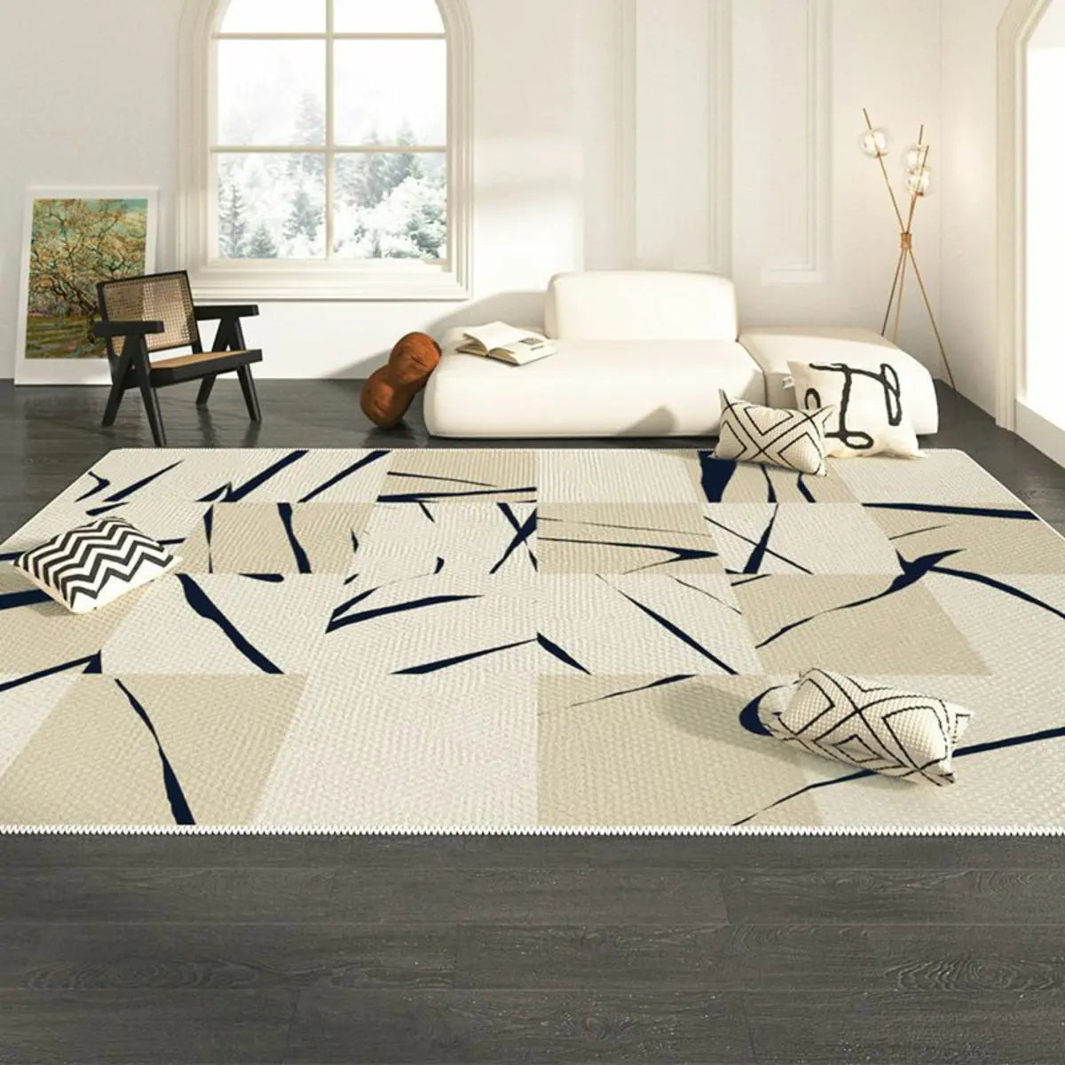 Beige-Black Contemporary Abstract Flannel Area Rug Image - 5