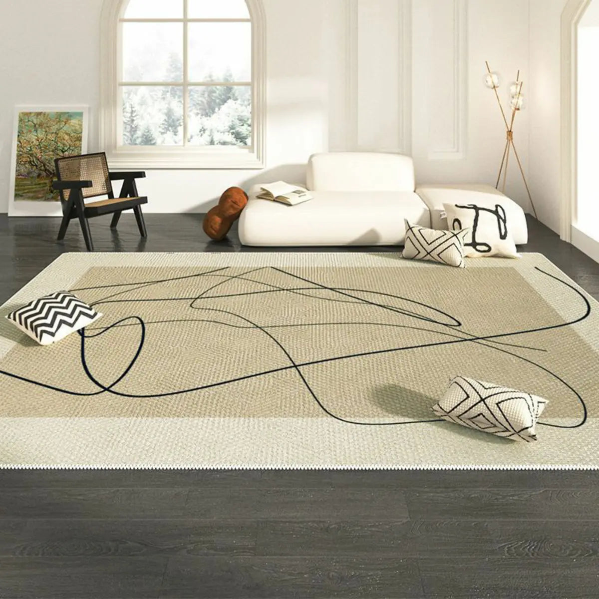Beige-Black Contemporary Abstract Flannel Area Rug Image - 7