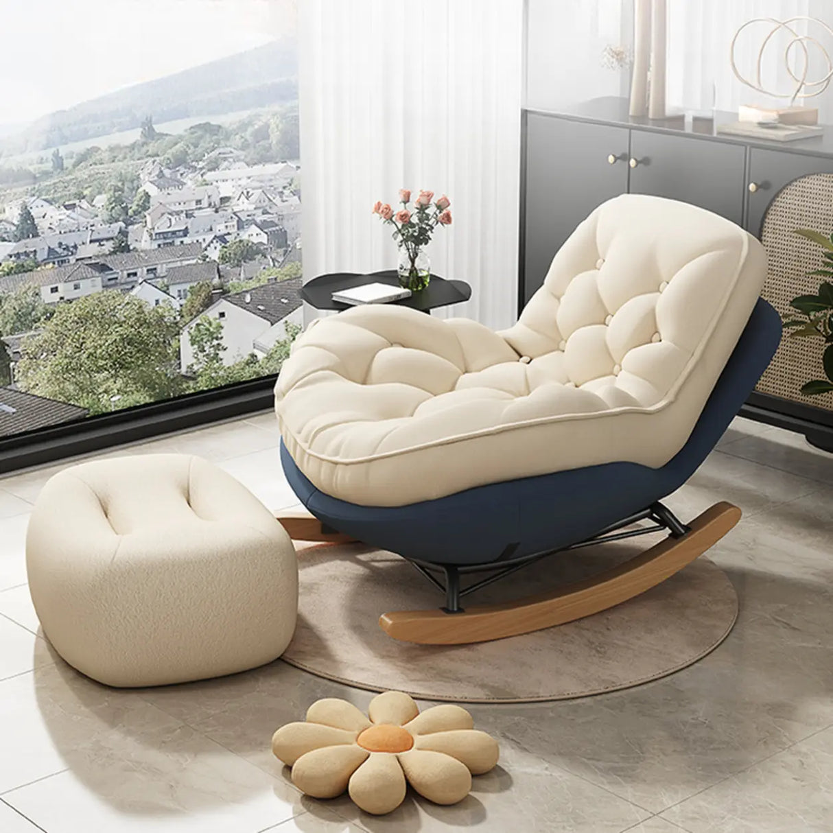 Beige Blue Waterproof Tufted Natural Leg Rocking Chair Image - 1