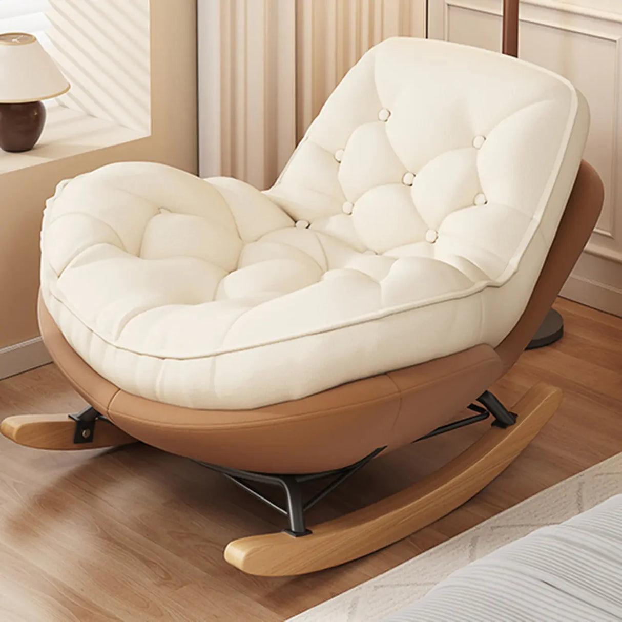 Beige Blue Waterproof Tufted Natural Leg Rocking Chair Image - 4