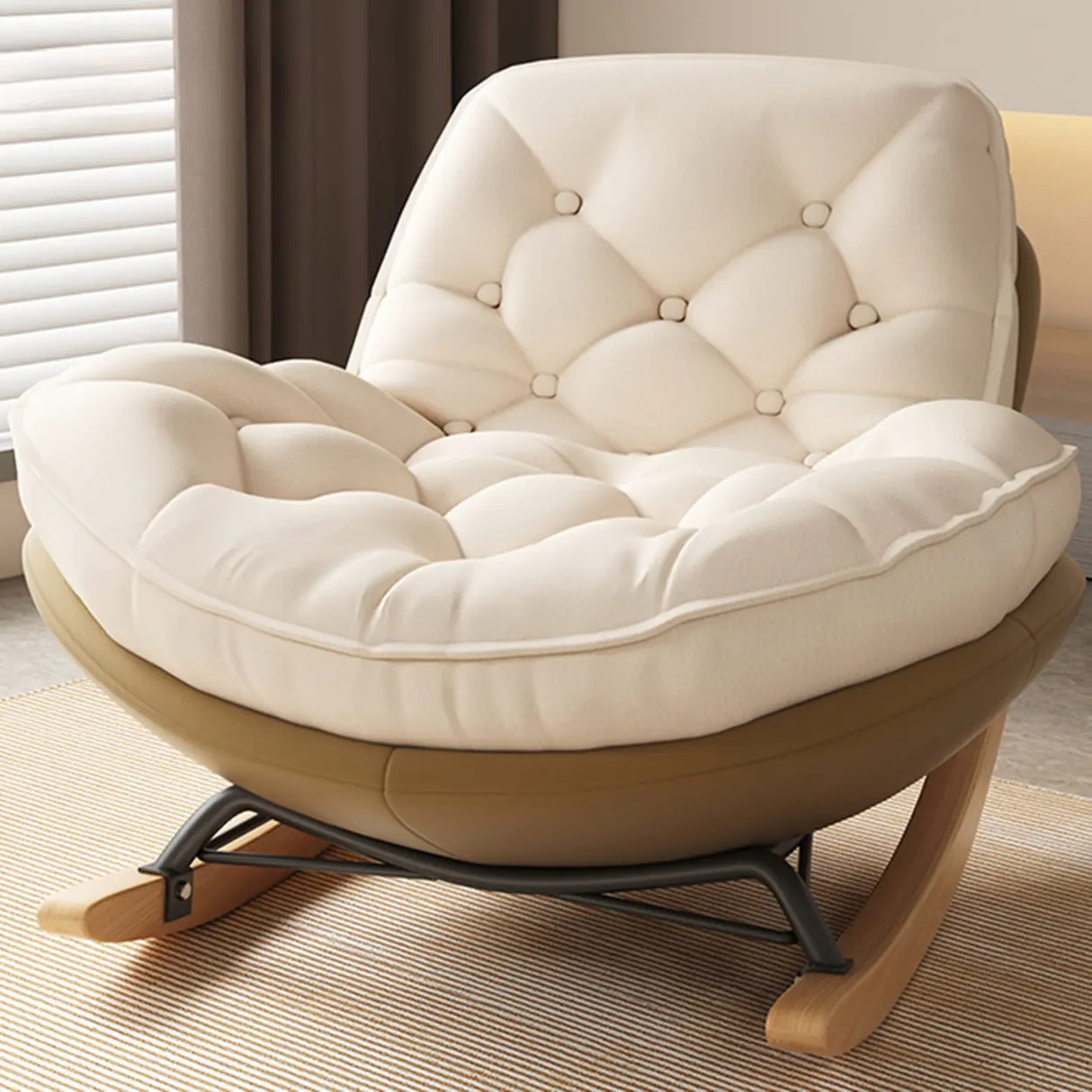 Beige Blue Waterproof Tufted Natural Leg Rocking Chair Image - 5