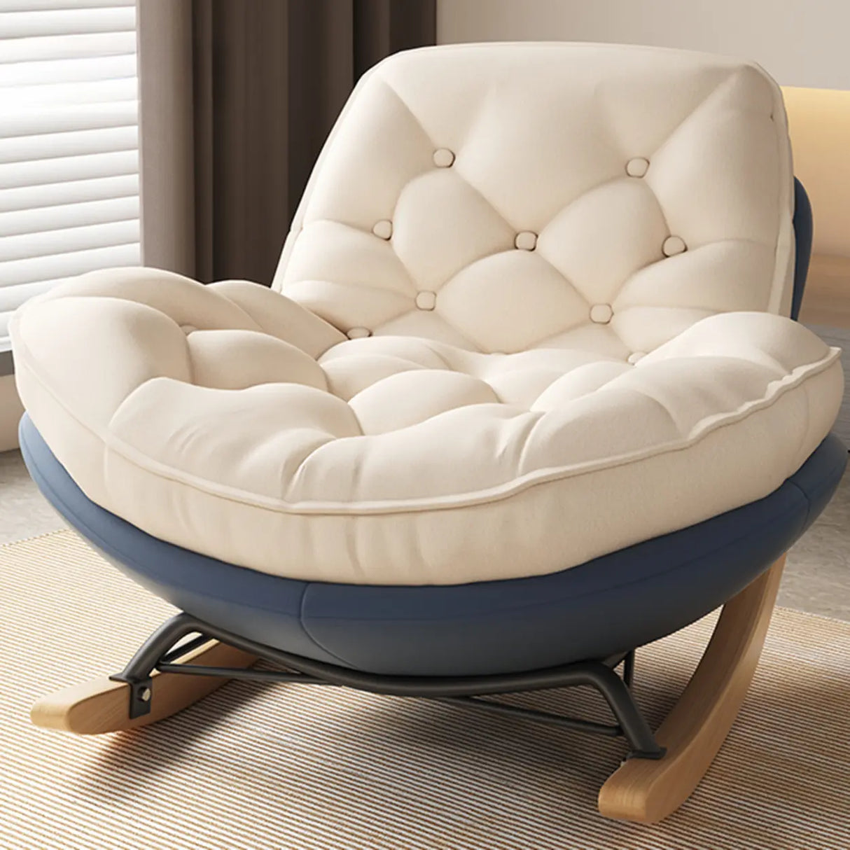 Beige Blue Waterproof Tufted Natural Leg Rocking Chair Image - 7