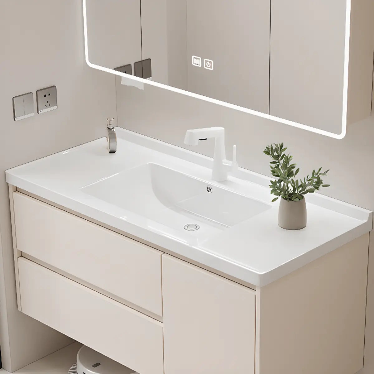 Beige Ceramic Sink and Faucet Bathroom Vanity with Storage Image - 10