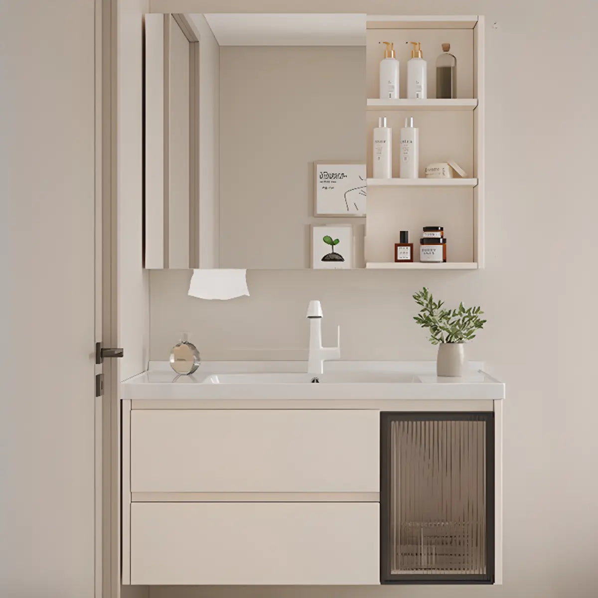 Beige Ceramic Sink and Faucet Bathroom Vanity with Storage Image - 11