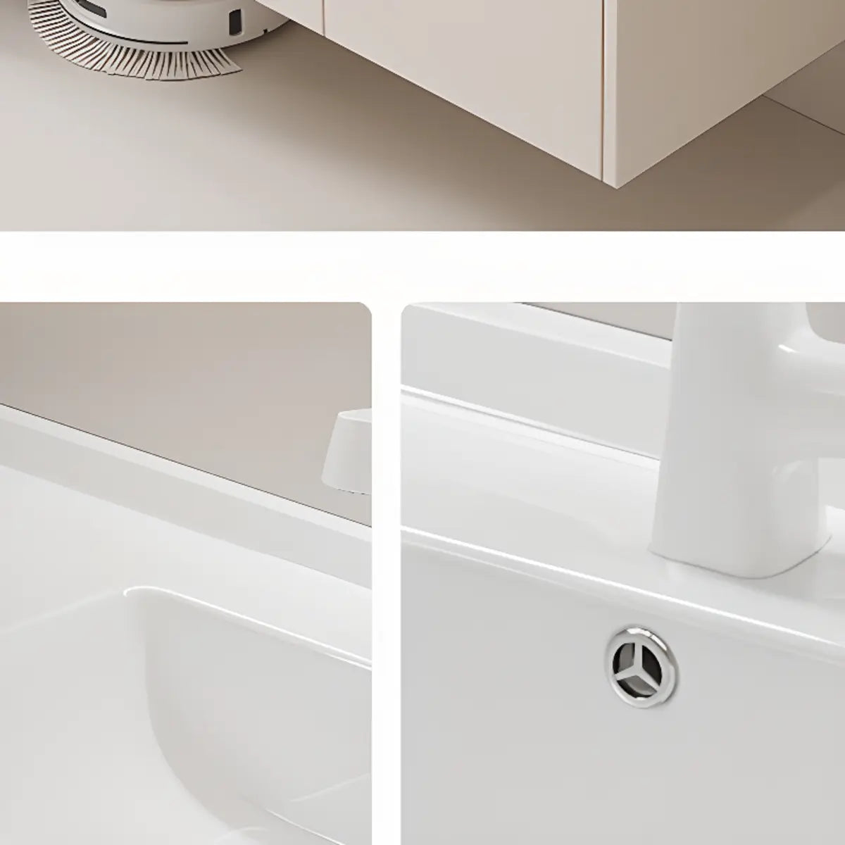 Beige Ceramic Sink and Faucet Bathroom Vanity with Storage Image - 12