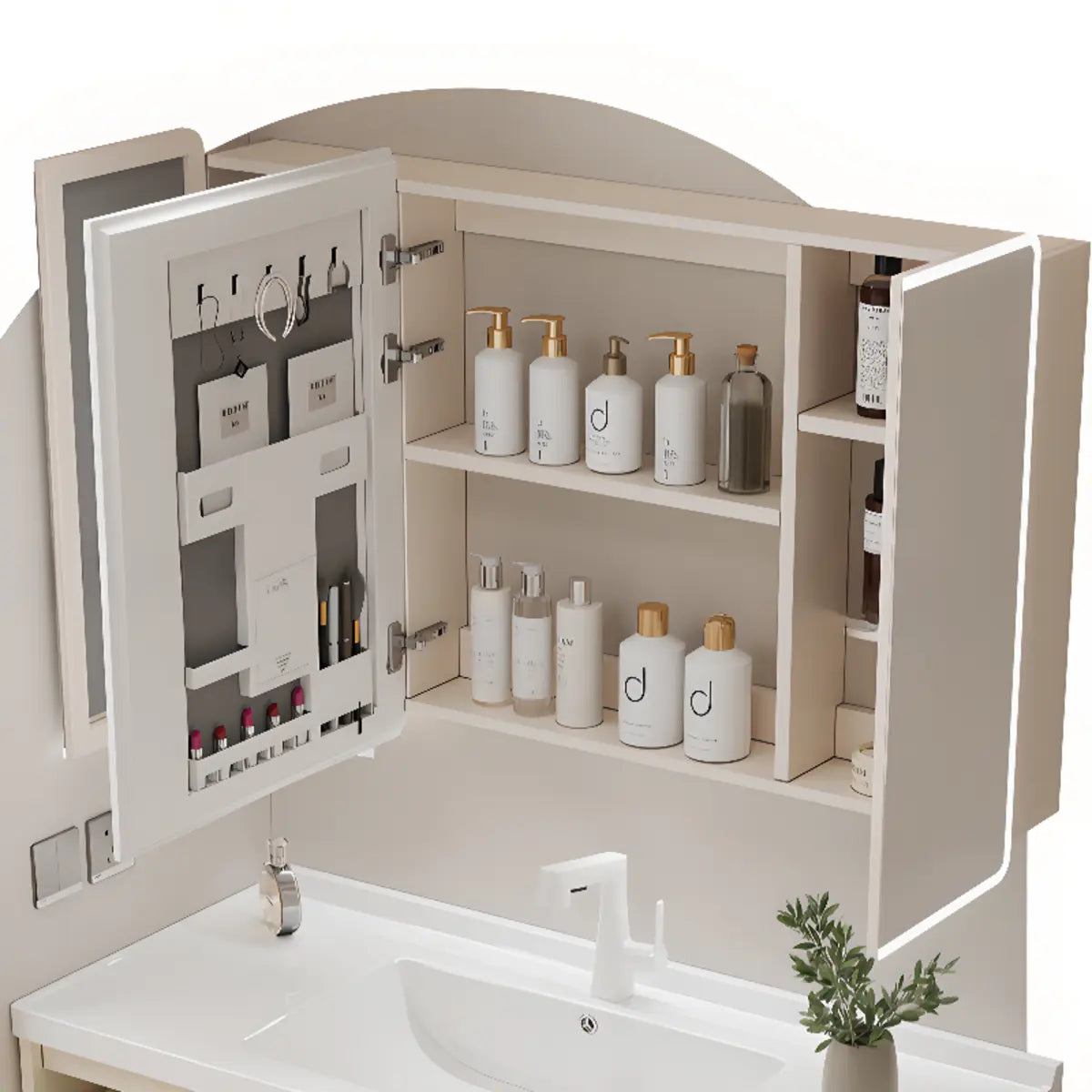 Beige Ceramic Sink and Faucet Bathroom Vanity with Storage Image - 13
