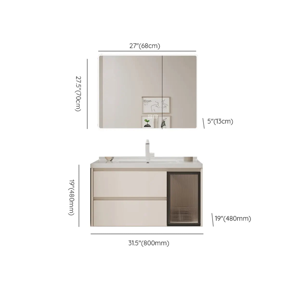Beige Ceramic Sink and Faucet Bathroom Vanity with Storage Image - 16