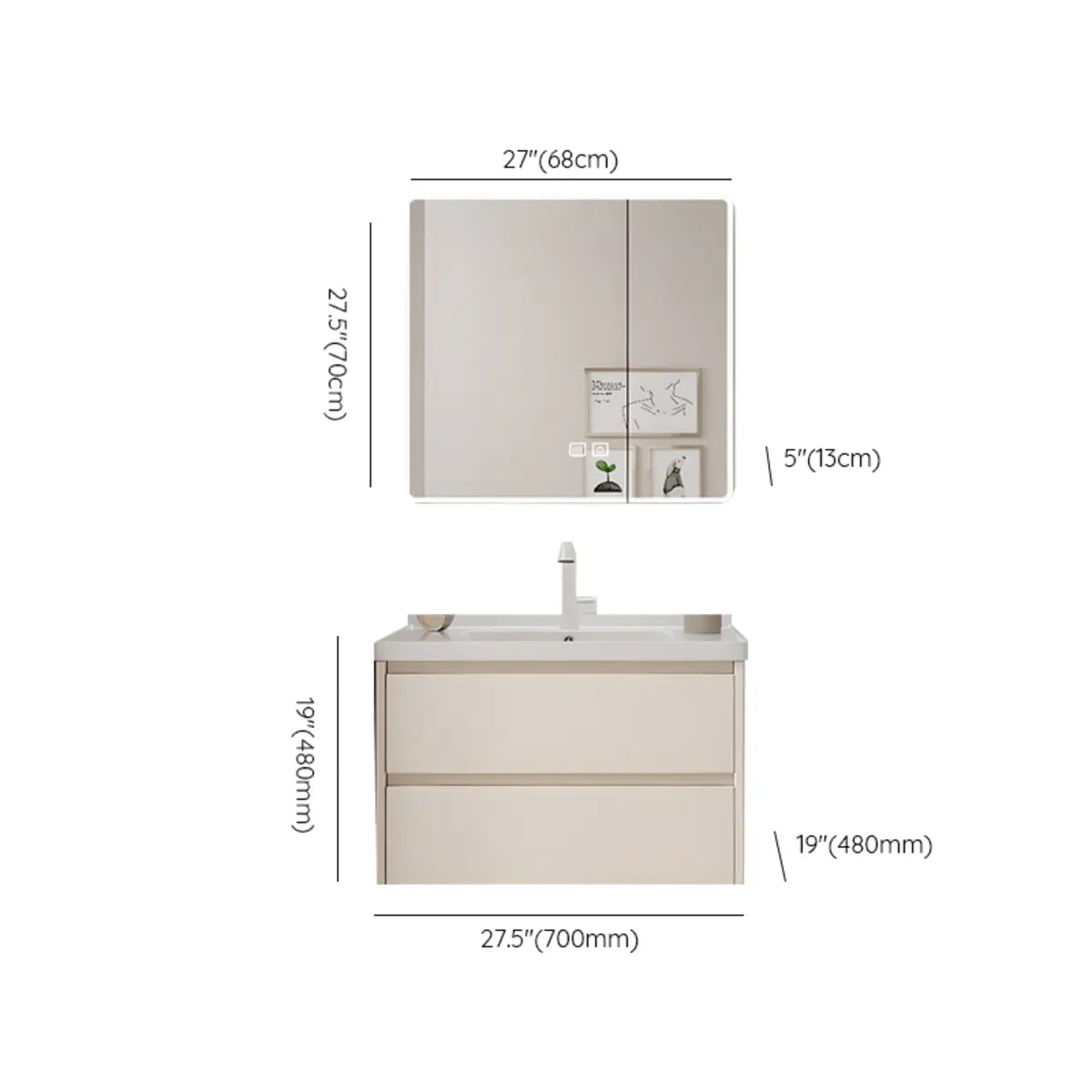 Beige Ceramic Sink and Faucet Bathroom Vanity with Storage Image - 18
