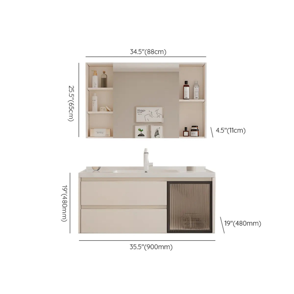 Beige Ceramic Sink and Faucet Bathroom Vanity with Storage Image - 19