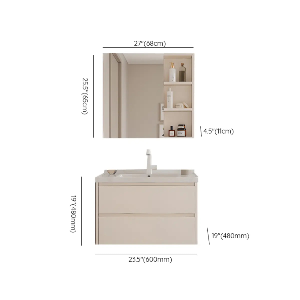 Beige Ceramic Sink and Faucet Bathroom Vanity with Storage Image - 20