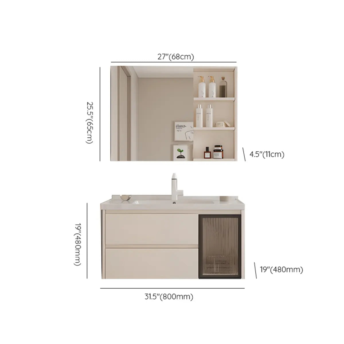 Beige Ceramic Sink and Faucet Bathroom Vanity with Storage Image - 21