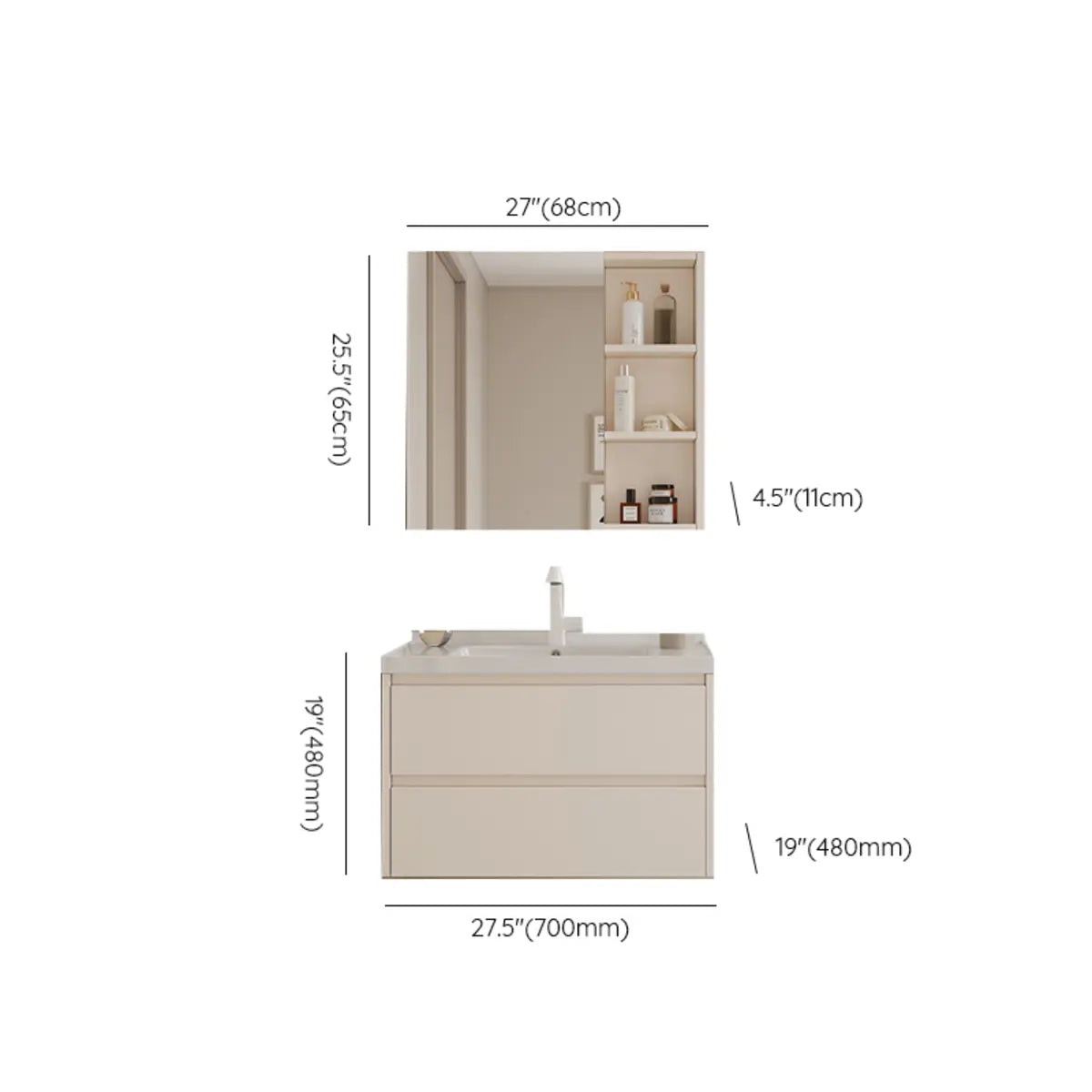 Beige Ceramic Sink and Faucet Bathroom Vanity with Storage Image - 23