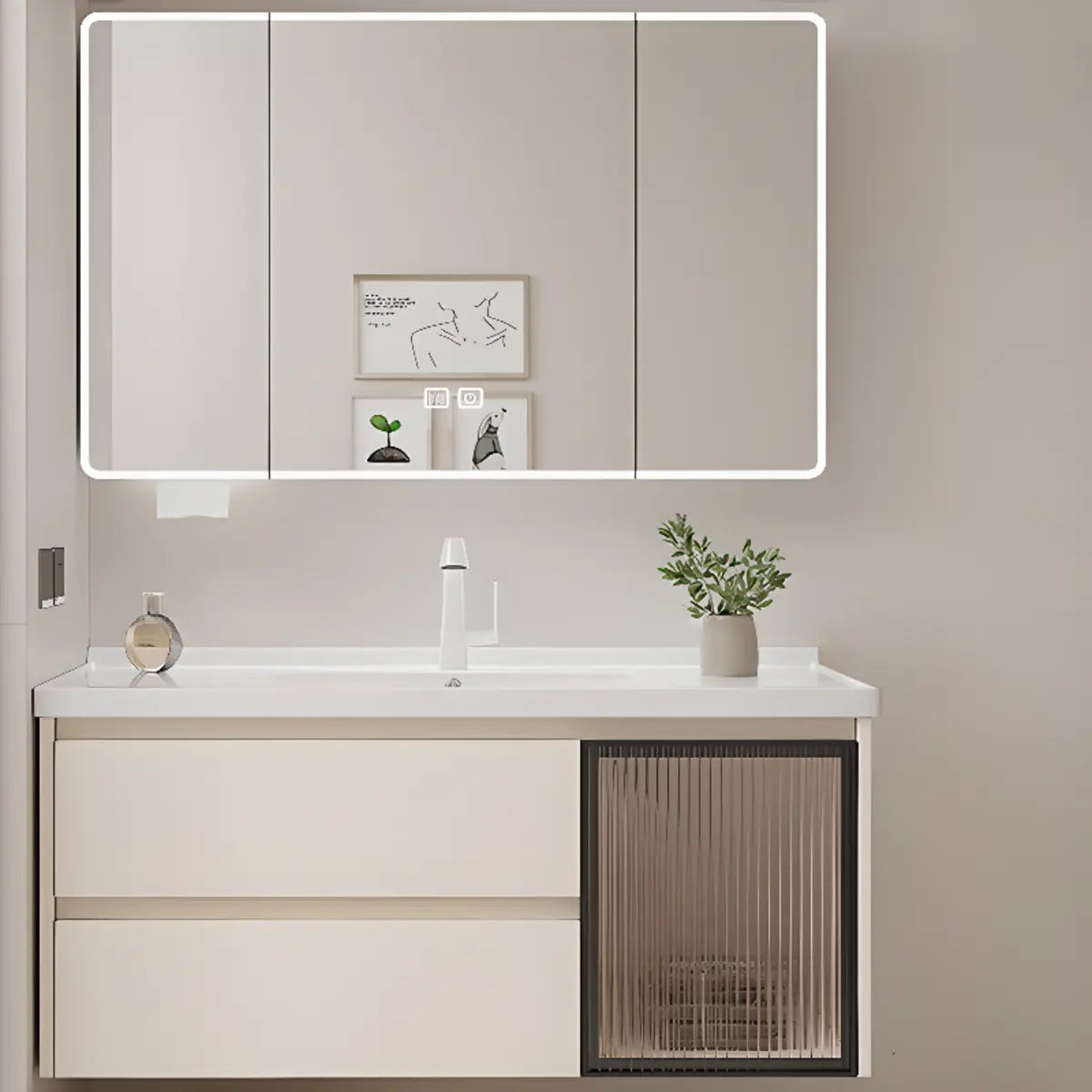 Beige Ceramic Sink and Faucet Bathroom Vanity with Storage Image - 3