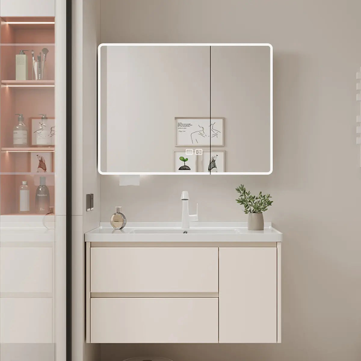 Beige Ceramic Sink and Faucet Bathroom Vanity with Storage Image - 4