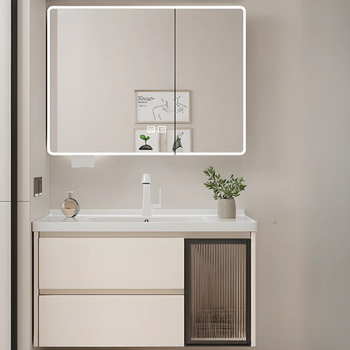 Beige Ceramic Sink and Faucet Bathroom Vanity with Storage Image - 5