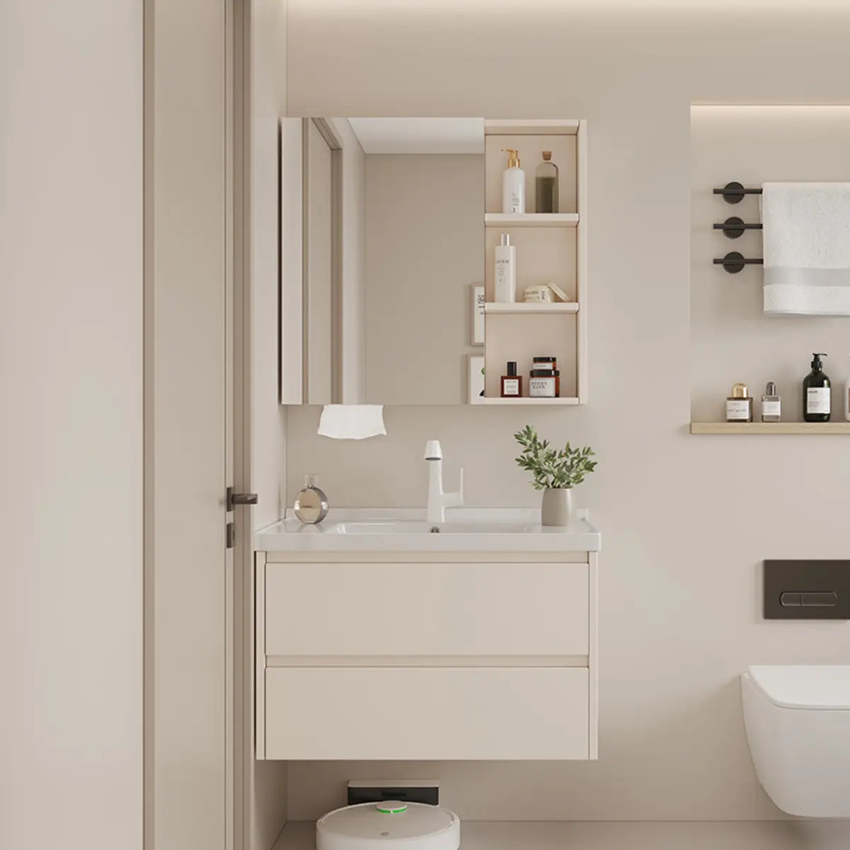 Beige Ceramic Sink and Faucet Bathroom Vanity with Storage Image - 6