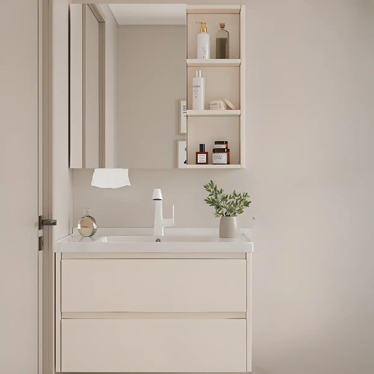 Beige Ceramic Sink and Faucet Bathroom Vanity with Storage Image - 7