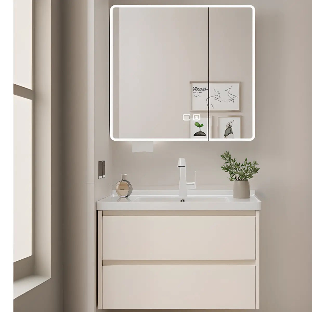 Beige Ceramic Sink and Faucet Bathroom Vanity with Storage Image - 9