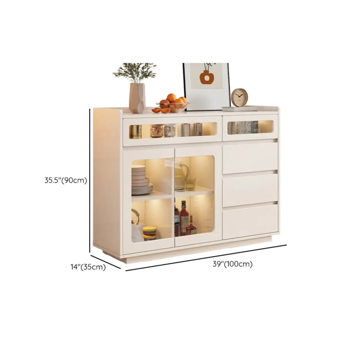 Beige Composite Wood Glazed Shelves Sideboard with Drawers Image - 11