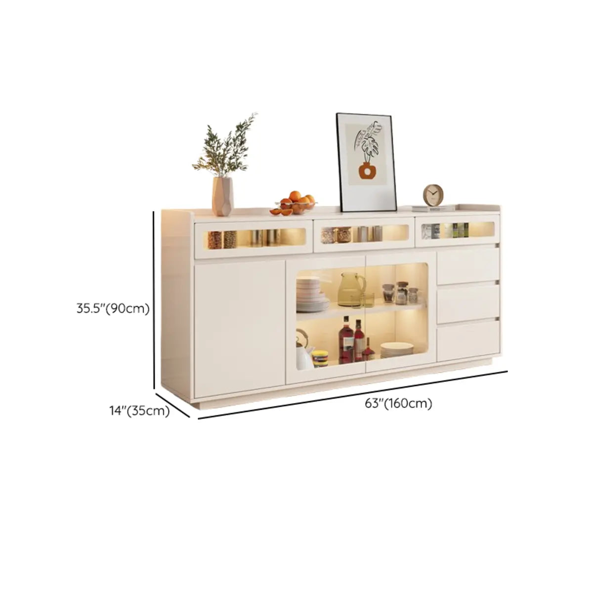 Beige Composite Wood Glazed Shelves Sideboard with Drawers Image - 14