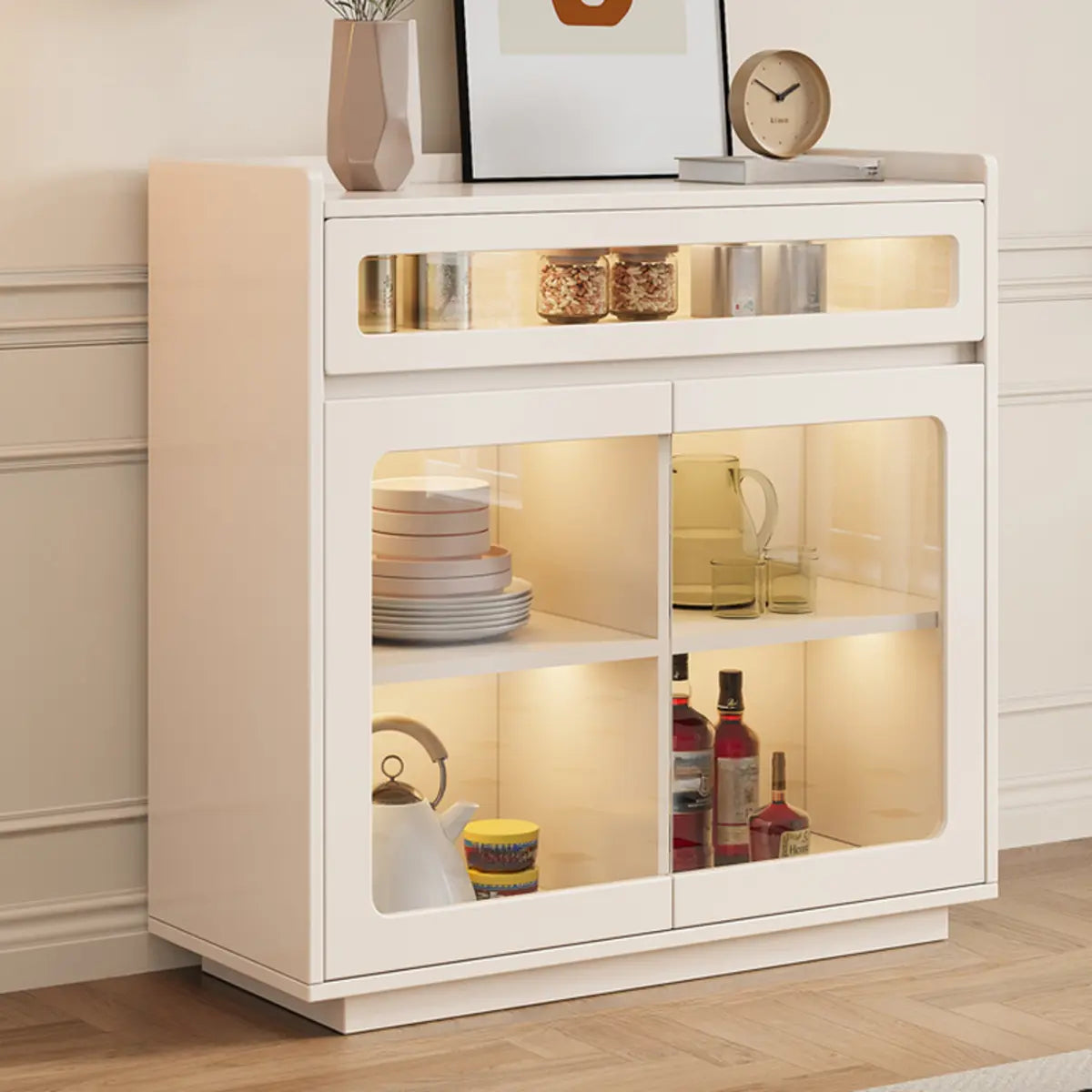 Beige Composite Wood Glazed Shelves Sideboard with Drawers Image - 2