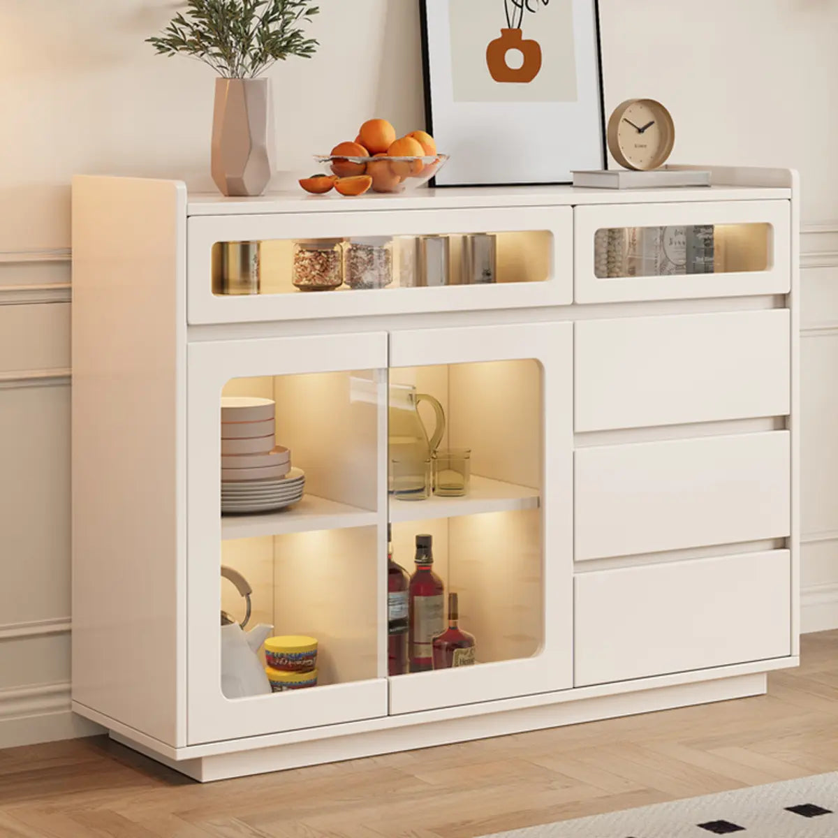 Beige Composite Wood Glazed Shelves Sideboard with Drawers Image - 3