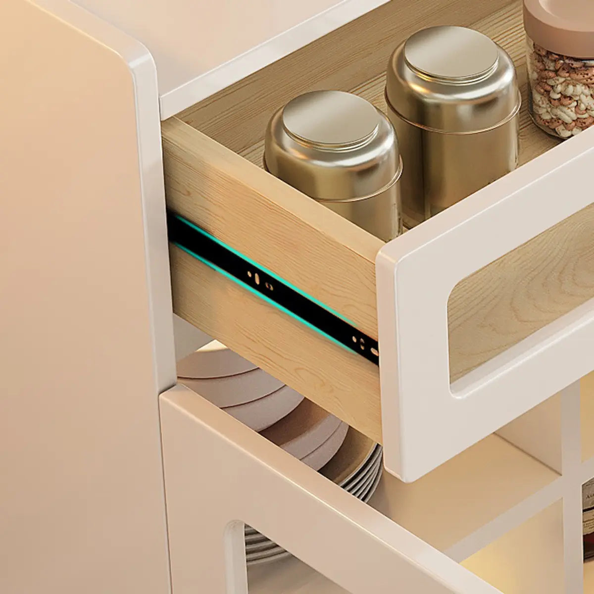 Beige Composite Wood Glazed Shelves Sideboard with Drawers Image - 6