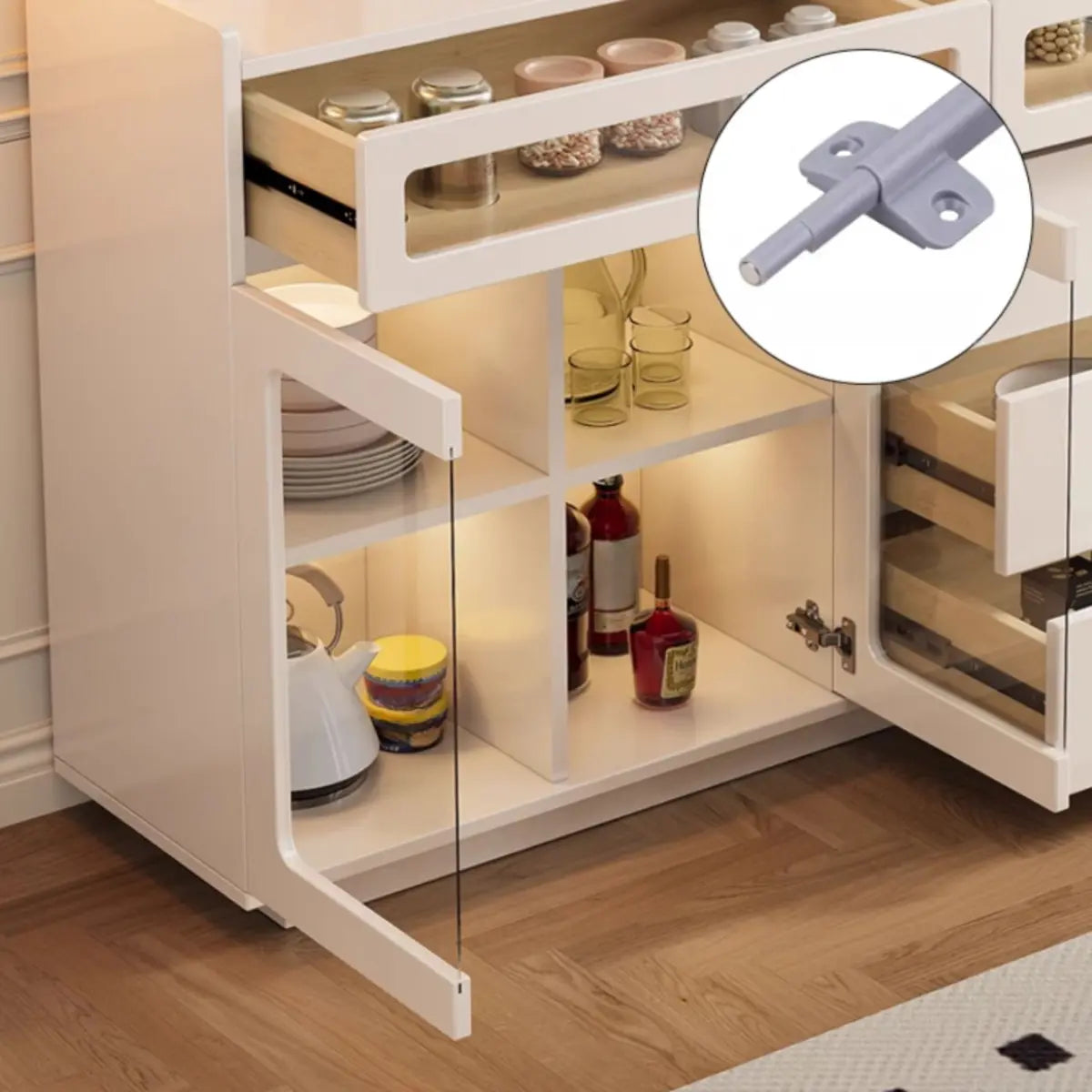 Beige Composite Wood Glazed Shelves Sideboard with Drawers Image - 7