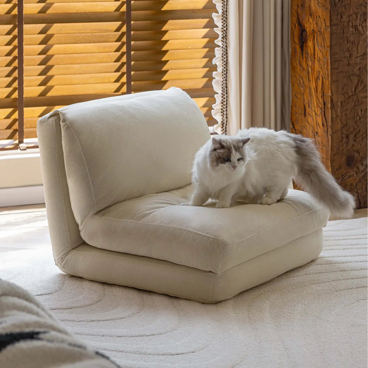 Beige Corduroy Cushion Back Reclining Convertible Chair Image - 1